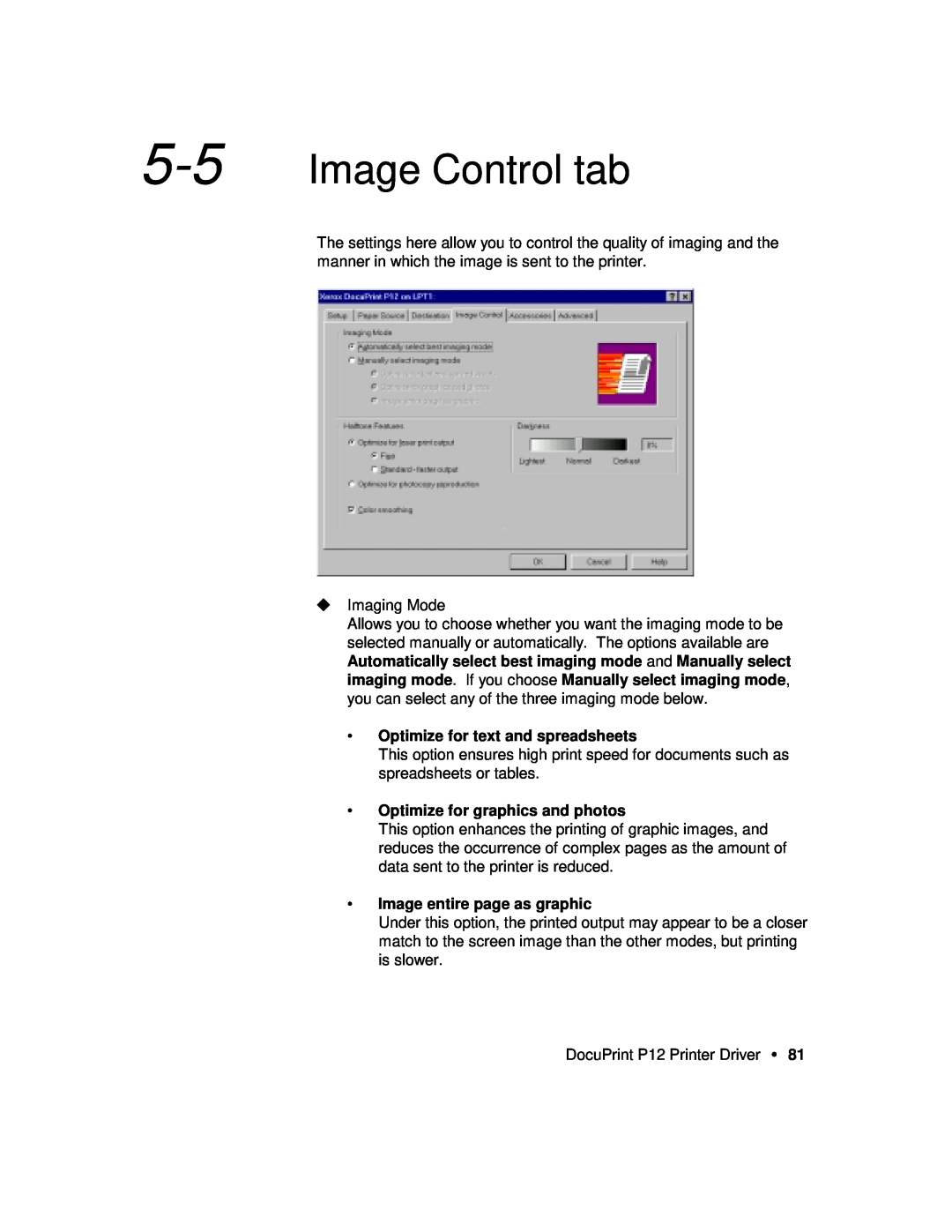 Xerox P12 manual Image Control tab, Optimize for text and spreadsheets, Optimize for graphics and photos 