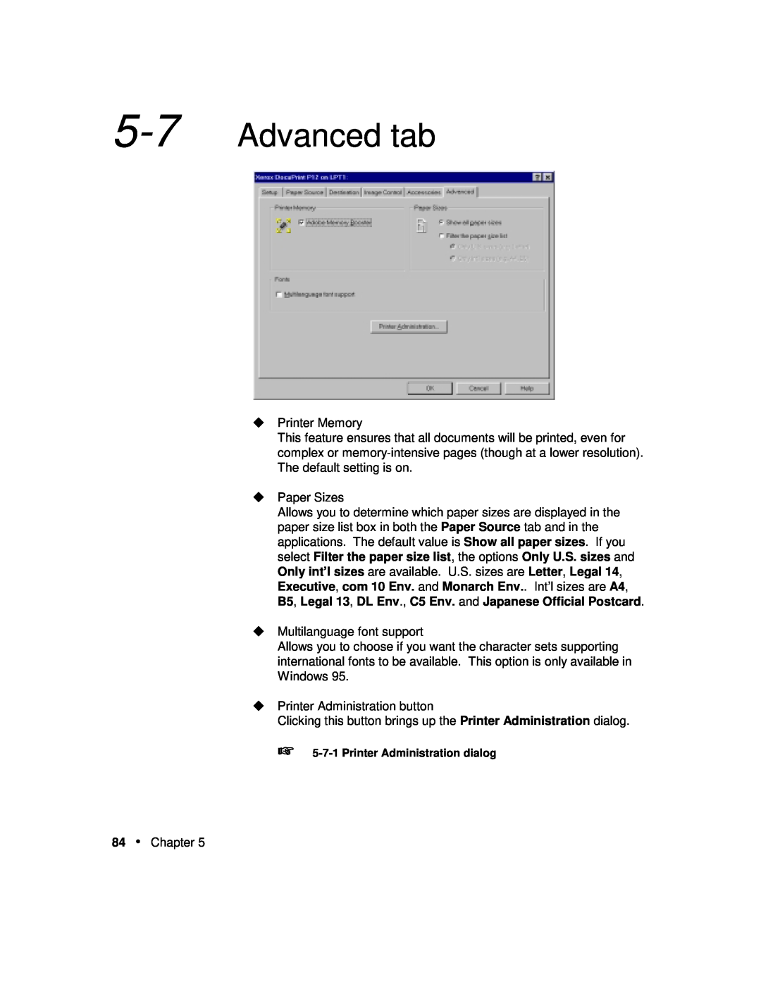 Xerox P12 manual Advanced tab, B5, Legal 13, DL Env., C5 Env. and Japanese Official Postcard 