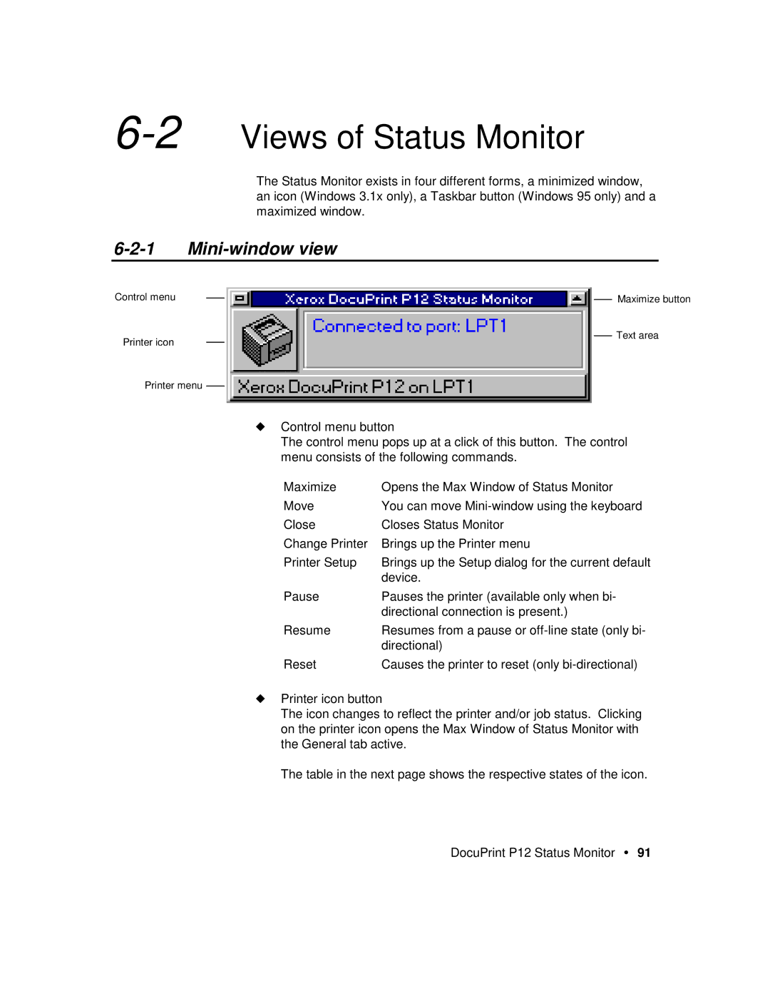 Xerox P12 manual 2Views of Status Monitor, Mini-window view 