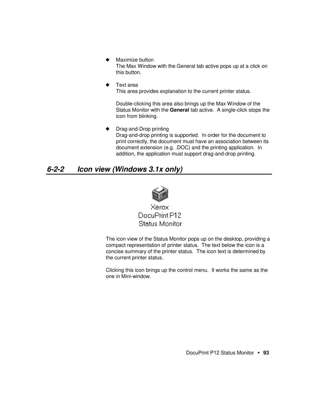 Xerox P12 manual Icon view Windows 3.1x only 