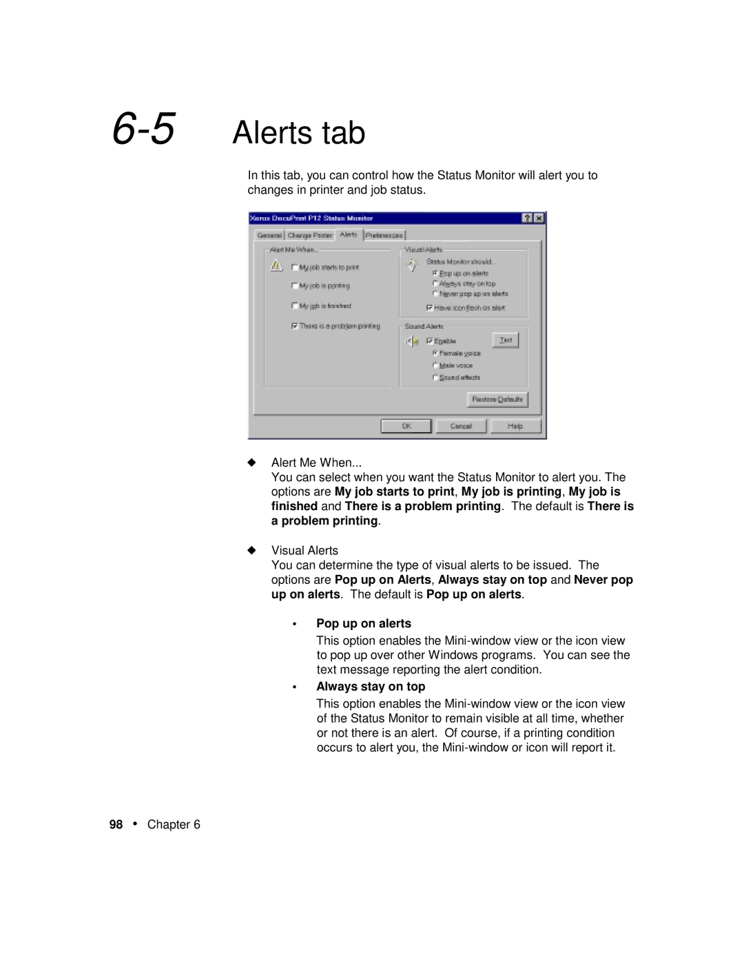 Xerox P12 manual 5Alerts tab, Pop up on alerts, Always stay on top 