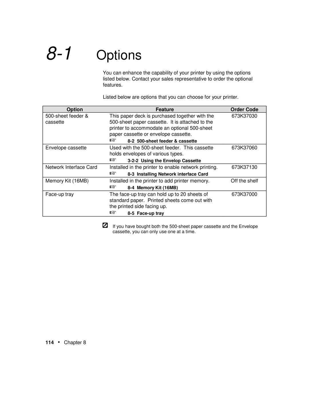 Xerox P12 manual 1Options, Option Feature Order Code 