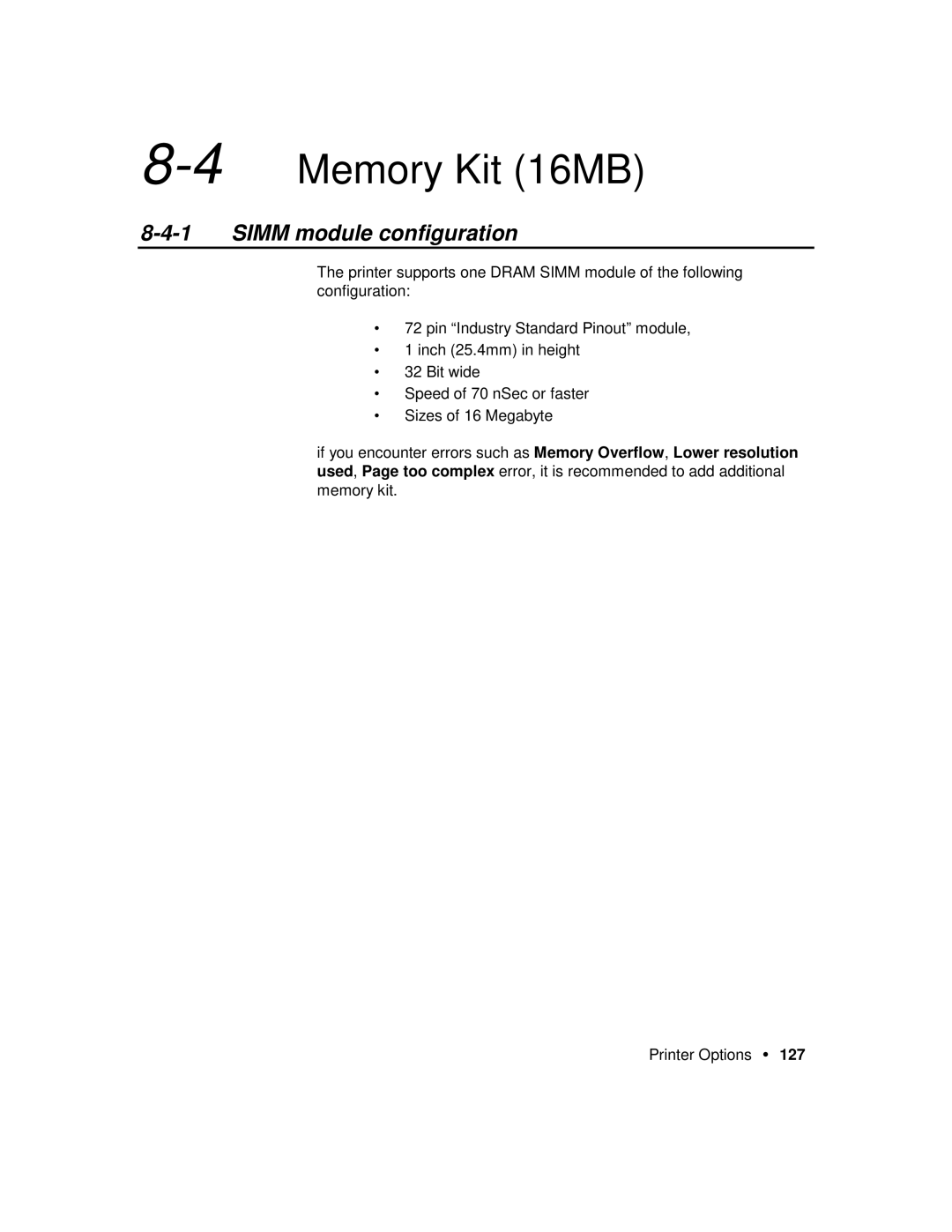 Xerox P12 manual 4Memory Kit 16MB, Simm module configuration 