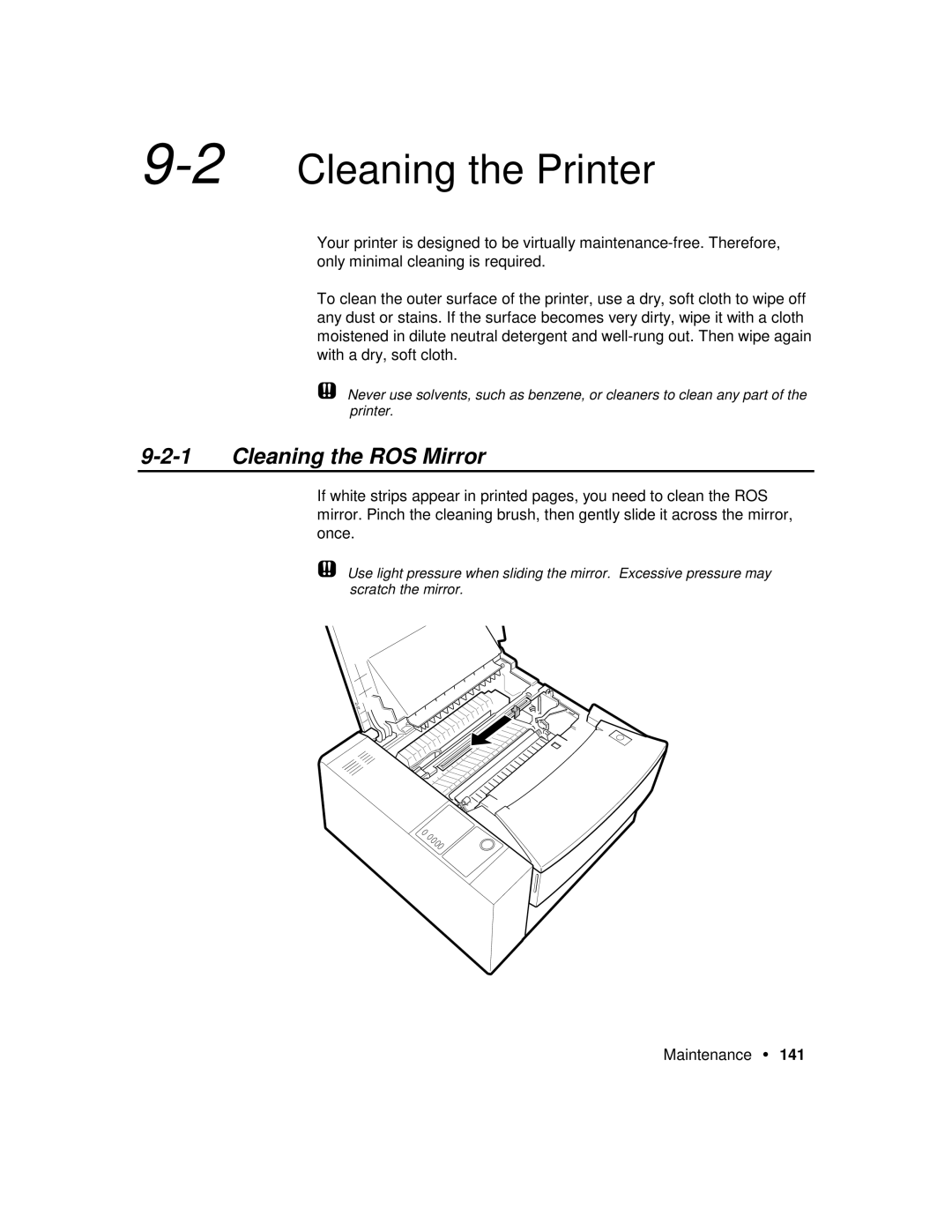 Xerox P12 manual 2Cleaning the Printer, Cleaning the ROS Mirror 