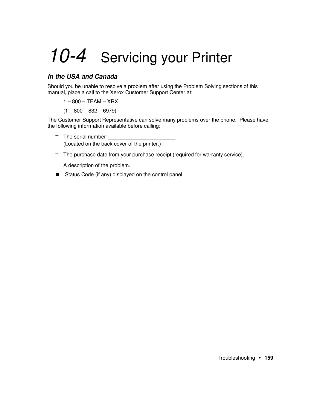 Xerox P12 manual 10-4Servicing your Printer, USA and Canada 