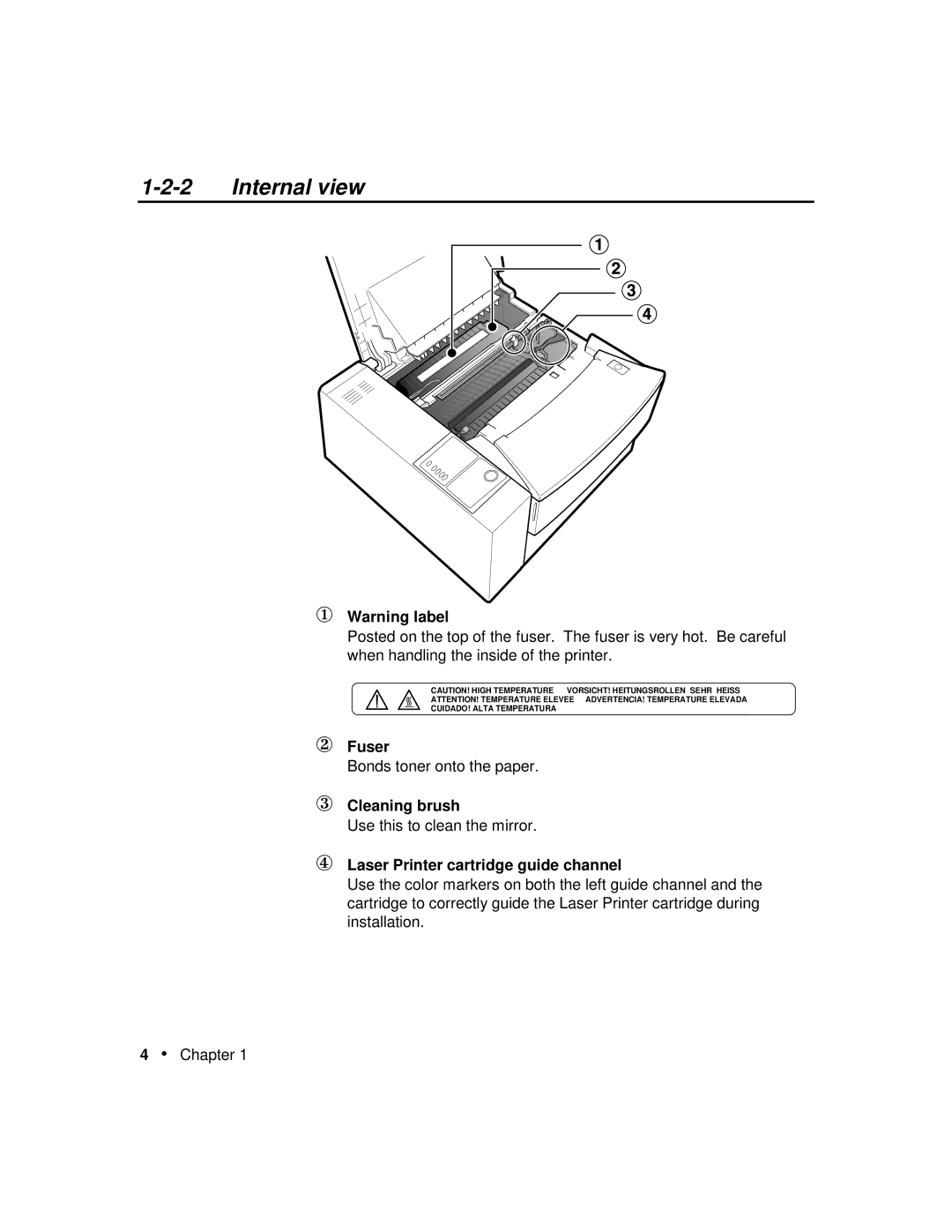 Xerox P12 manual Internal view, ① Warning label, Fuser, Cleaning brush, ④ Laser Printer cartridge guide channel 