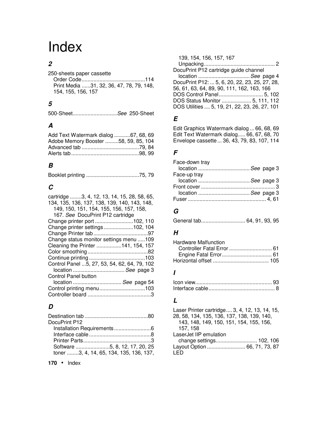 Xerox P12 manual Index, Led 