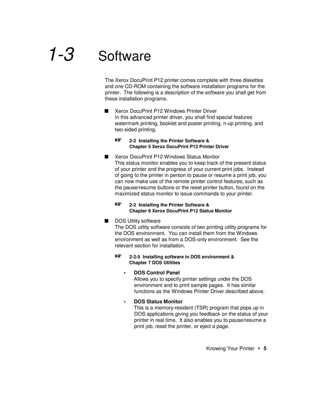 Xerox P12 manual 3Software, DOS Control Panel, DOS Status Monitor 