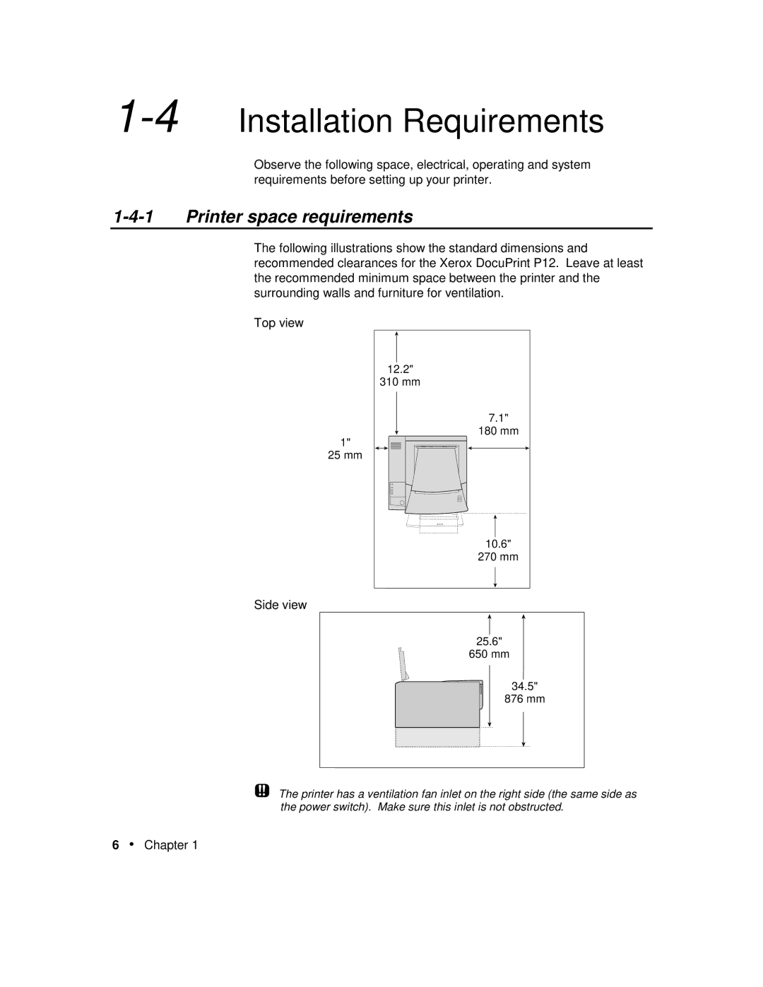 Xerox P12 manual 4Installation Requirements, Printer space requirements 