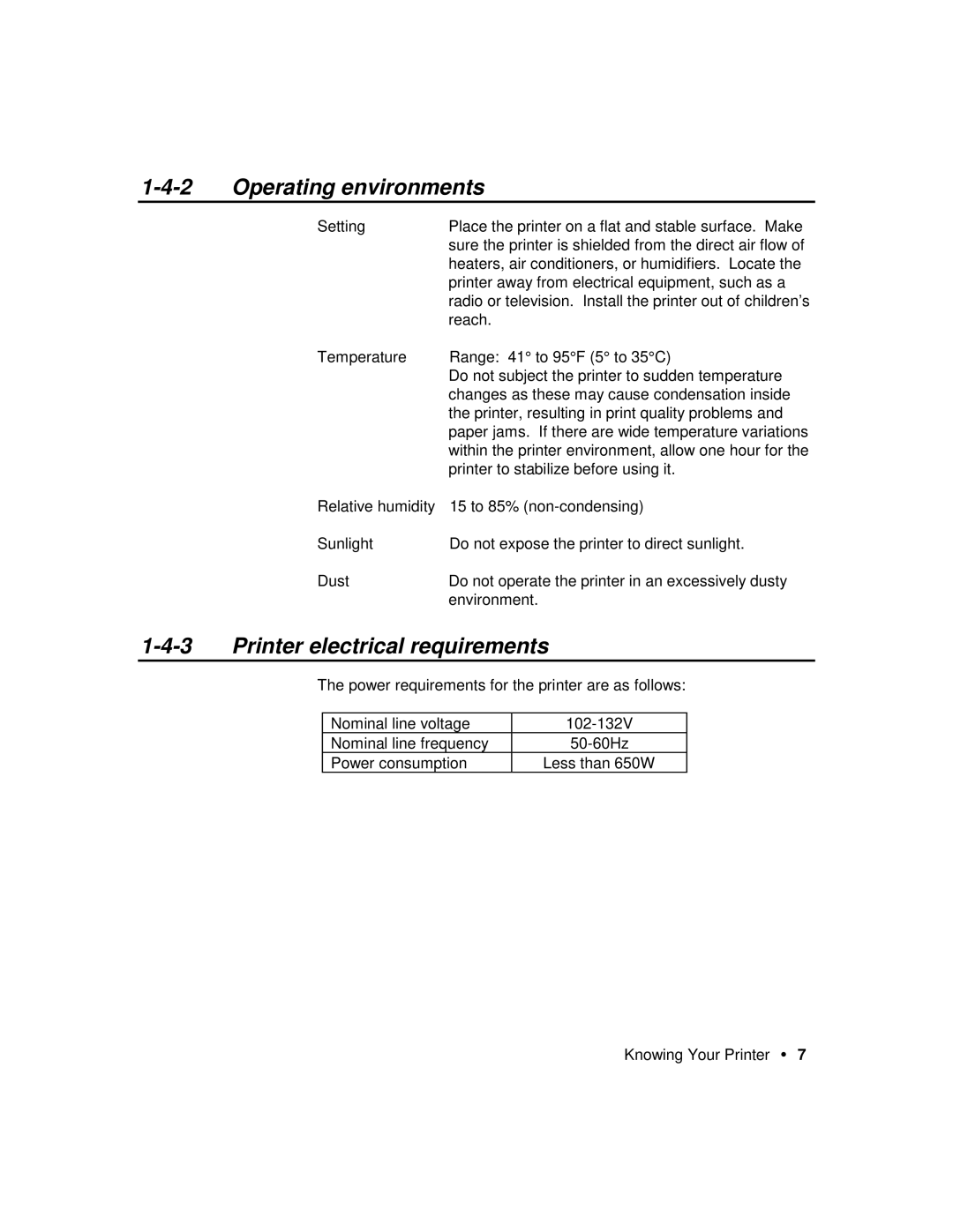 Xerox P12 manual Operating environments, Printer electrical requirements 