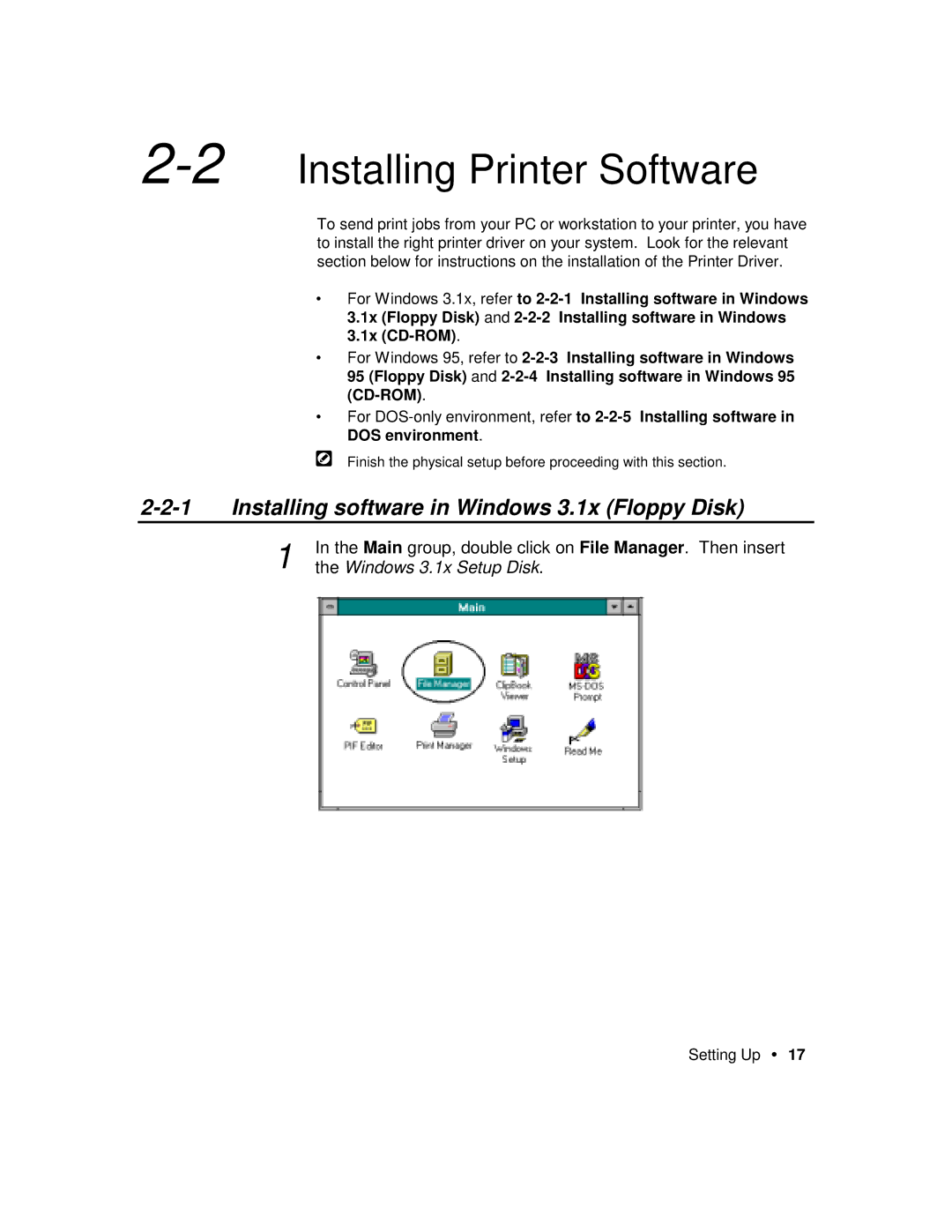 Xerox P12 manual 2Installing Printer Software, Installing software in Windows 3.1x Floppy Disk 