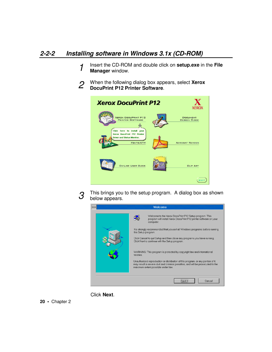 Xerox manual Installing software in Windows 3.1x CD-ROM, DocuPrint P12 Printer Software 