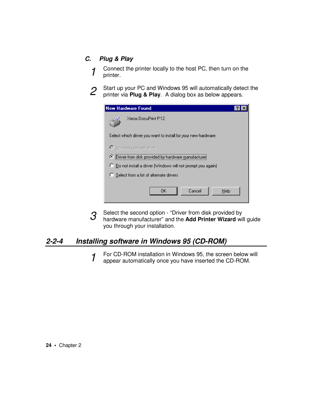 Xerox P12 manual Installing software in Windows 95 CD-ROM, Plug & Play 