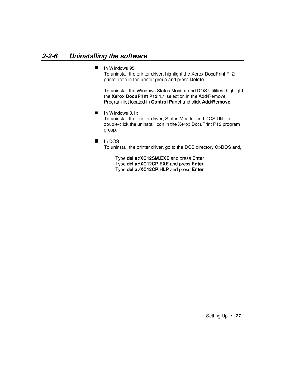 Xerox P12 manual Uninstalling the software 