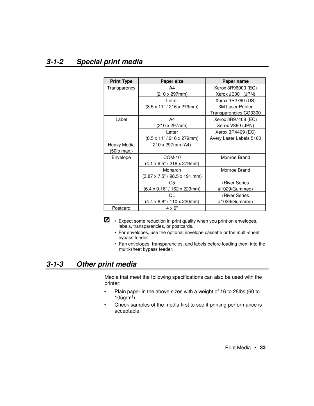 Xerox P12 manual Special print media, Other print media 