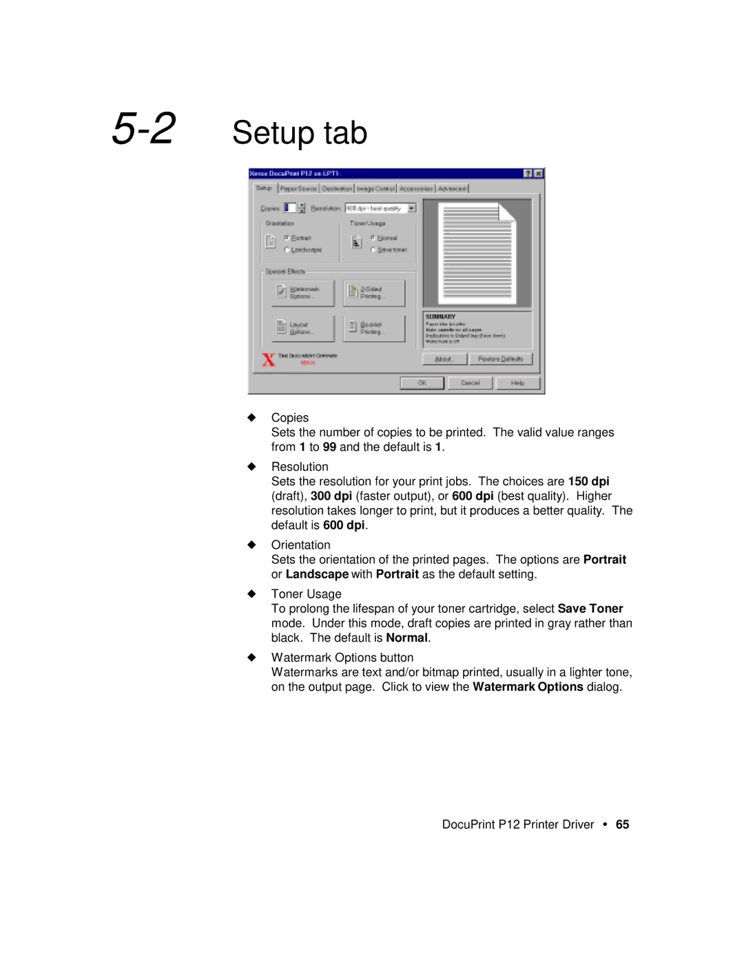 Xerox P12 manual 2Setup tab 