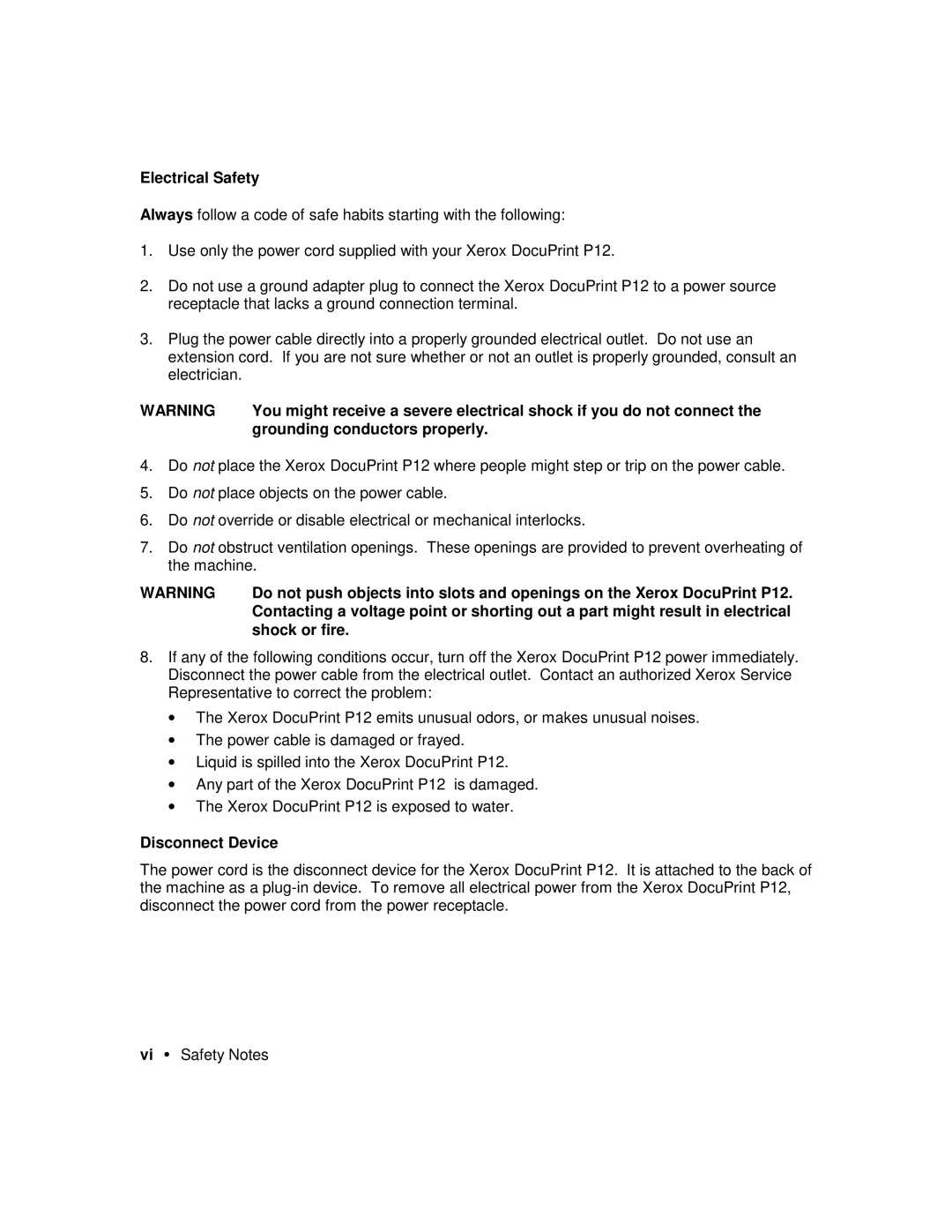 Xerox P12 manual Electrical Safety, Grounding conductors properly, Shock or fire, Disconnect Device 