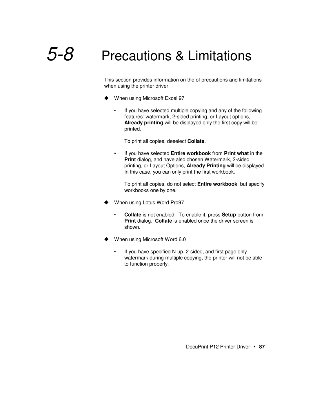 Xerox P12 manual 8Precautions & Limitations 