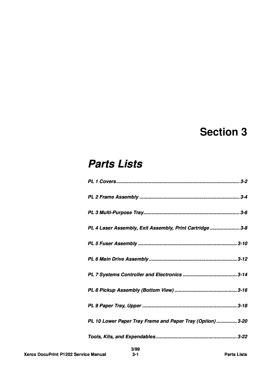 Xerox P1202 service manual Section, Parts Lists, PL 1 Covers, 3-10, 3-12, 3-14, 3-16, 3-18, 3-20, 3-22 