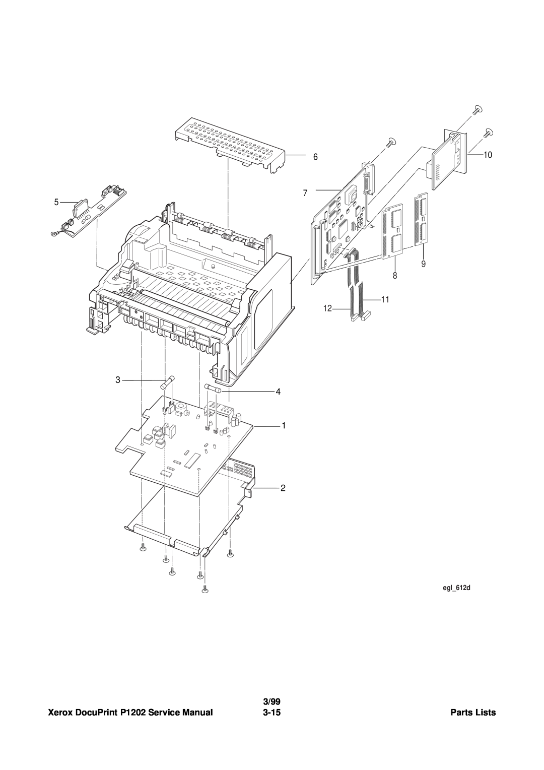 Xerox service manual 3/99, Xerox DocuPrint P1202 Service Manual, 3-15, Parts Lists, egl612d 