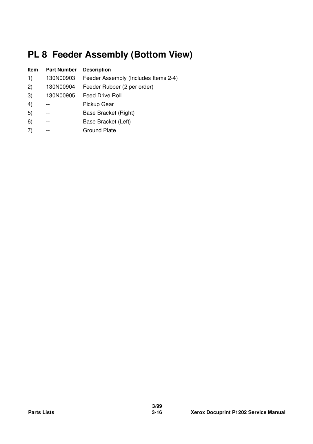 Xerox P1202 service manual PL 8 Feeder Assembly Bottom View 