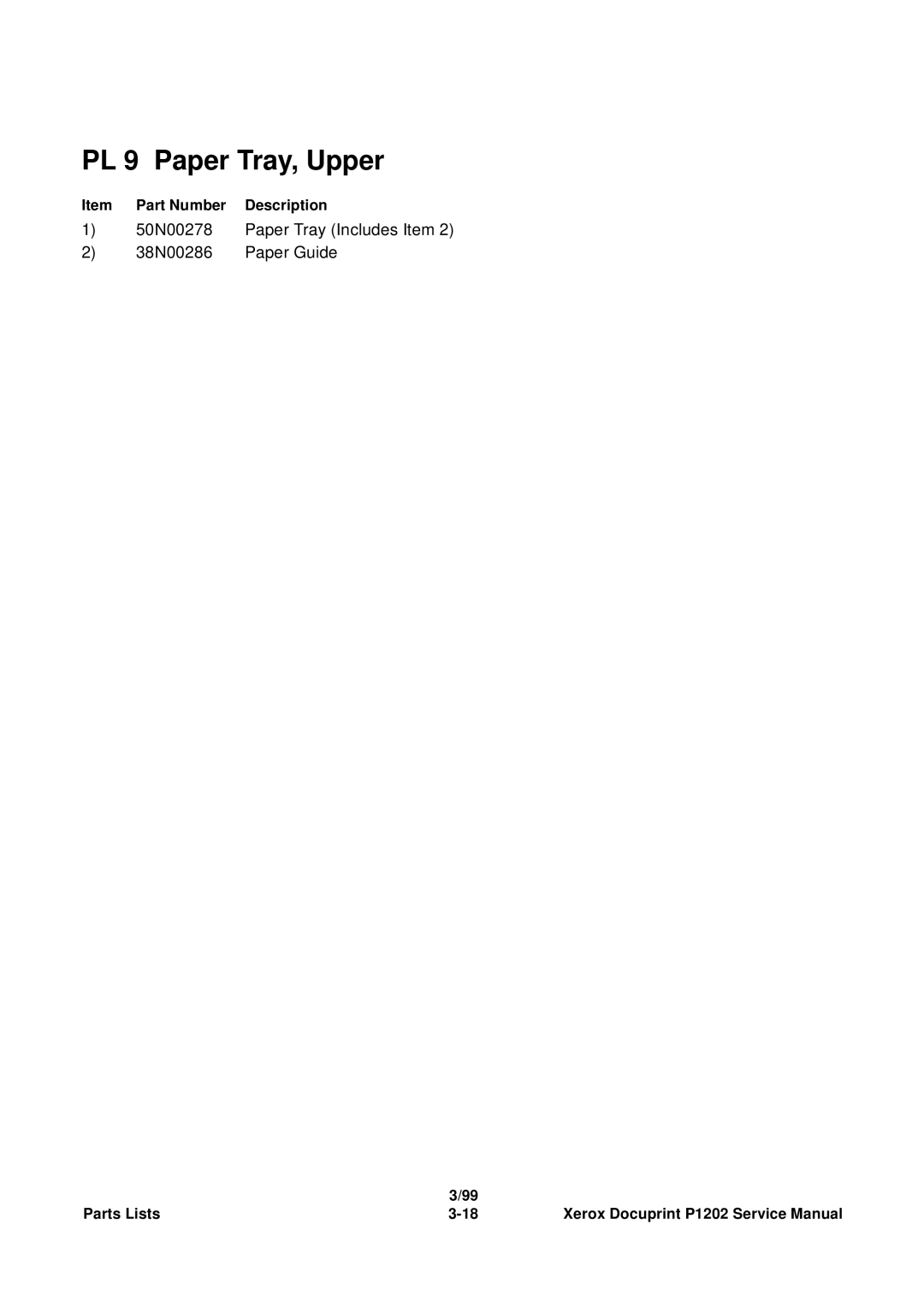 Xerox P1202 service manual PL 9 Paper Tray, Upper 