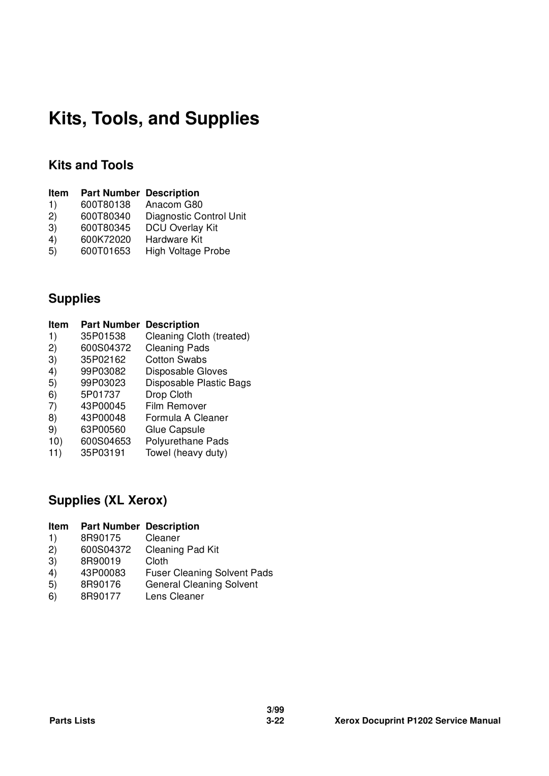 Xerox P1202 service manual Kits, Tools, and Supplies 