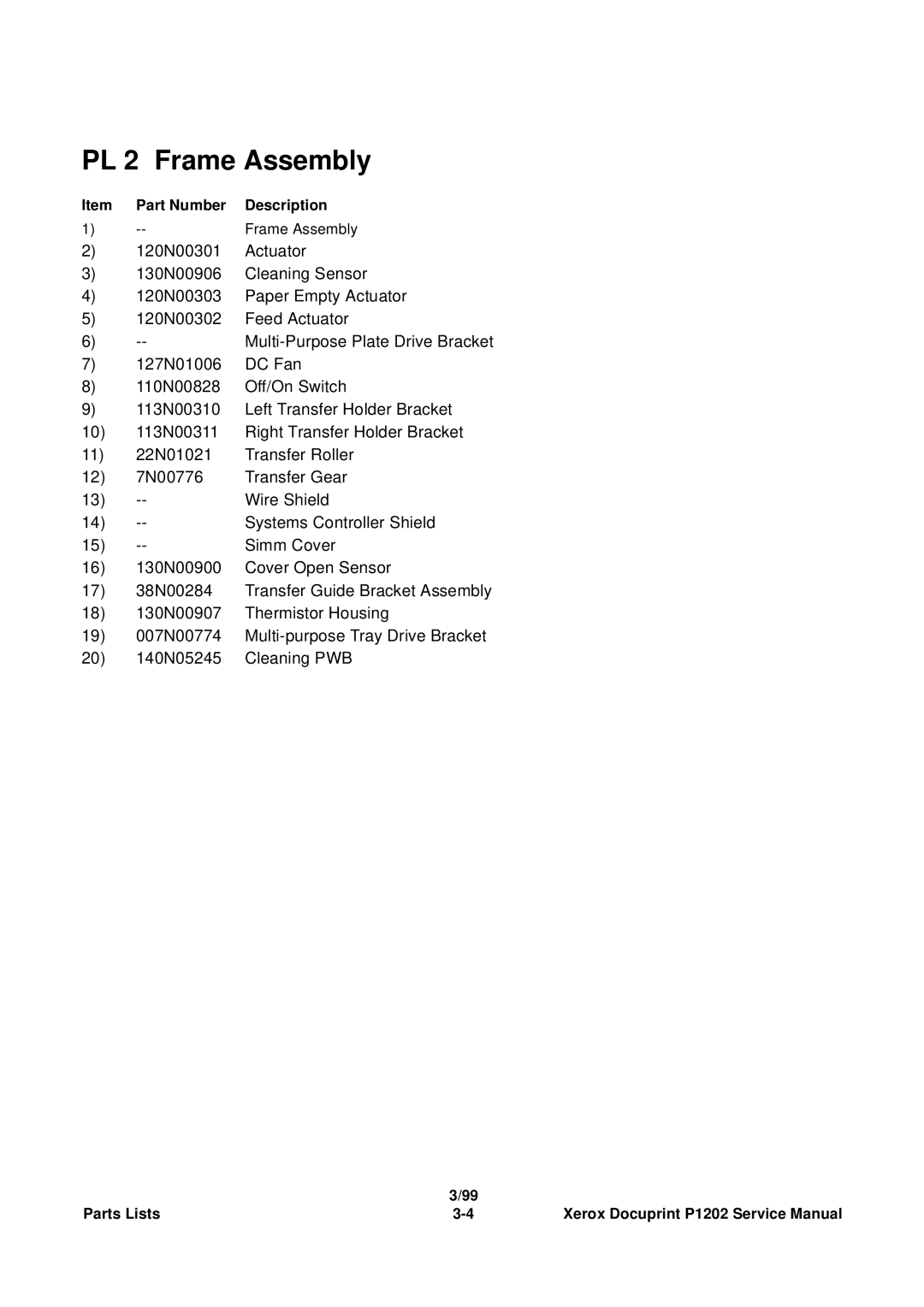 Xerox P1202 service manual PL 2 Frame Assembly 