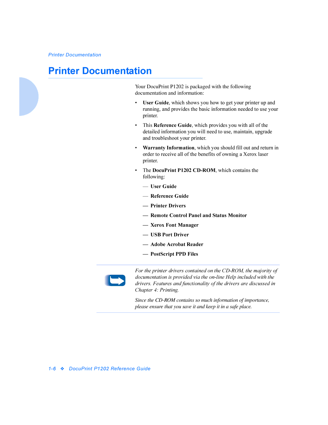 Xerox P1202 manual Printer Documentation 