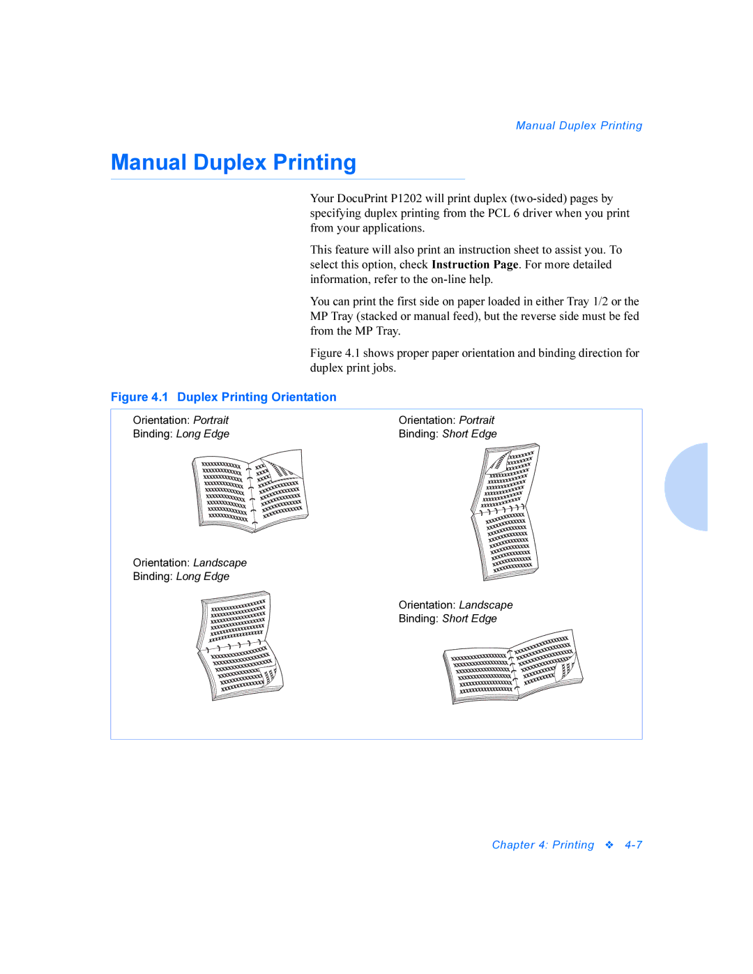 Xerox P1202 manual Manual Duplex Printing, Duplex Printing Orientation 