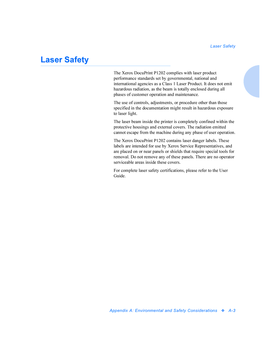 Xerox P1202 manual Laser Safety 