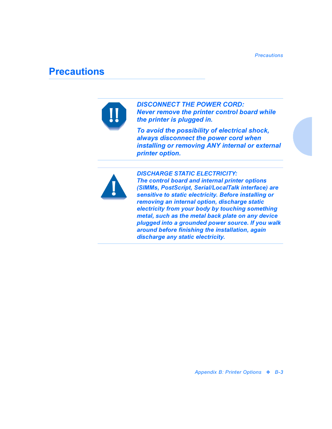 Xerox P1202 manual Precautions, Disconnect the Power Cord 