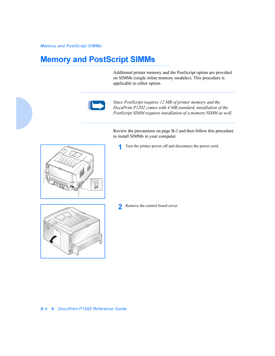 Xerox P1202 manual Memory and PostScript SIMMs 