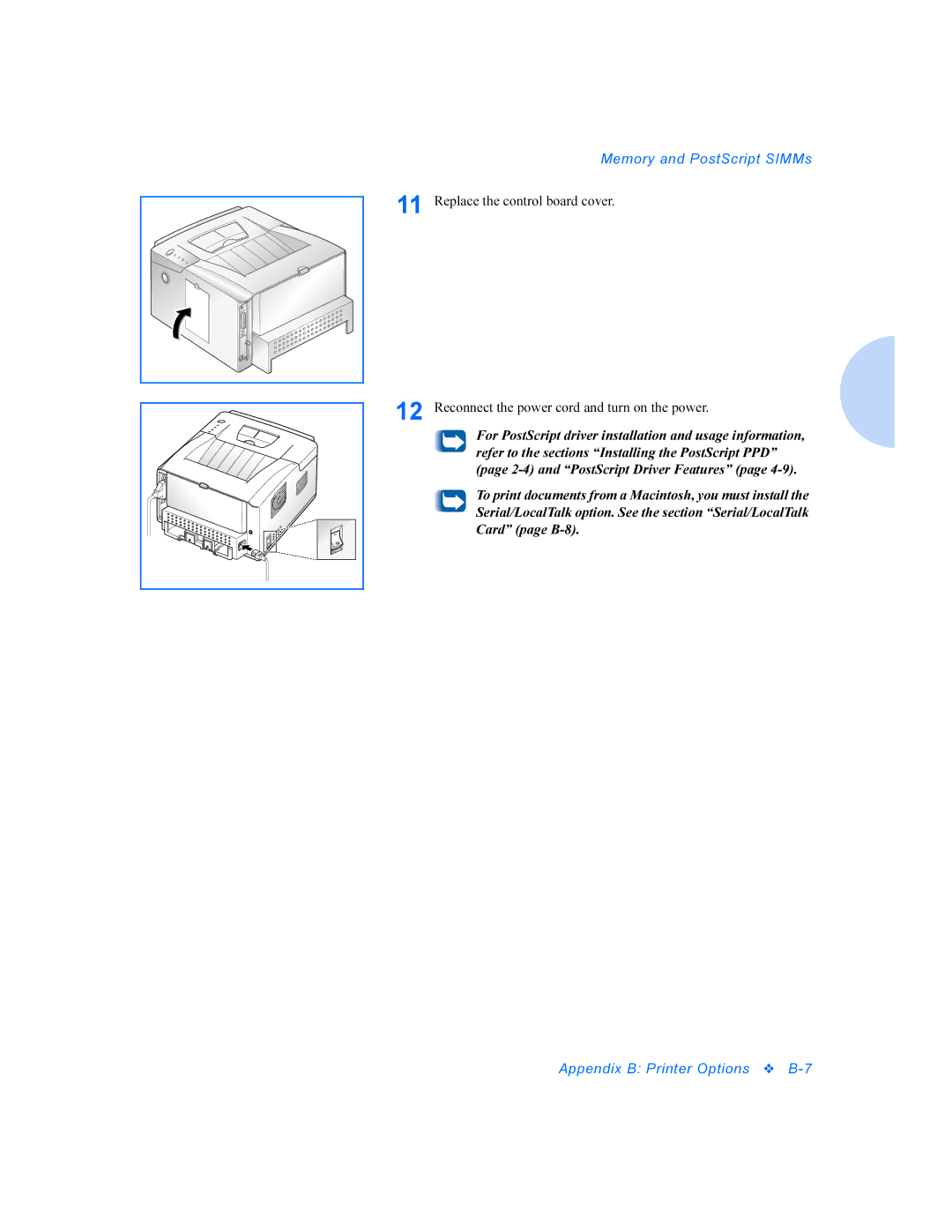 Xerox P1202 manual Memory and PostScript SIMMs 