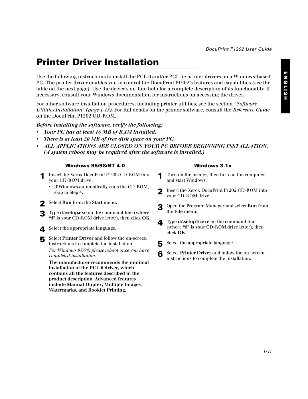 Xerox P1202 specifications Printer Driver Installation, Windows 95/98/NT 