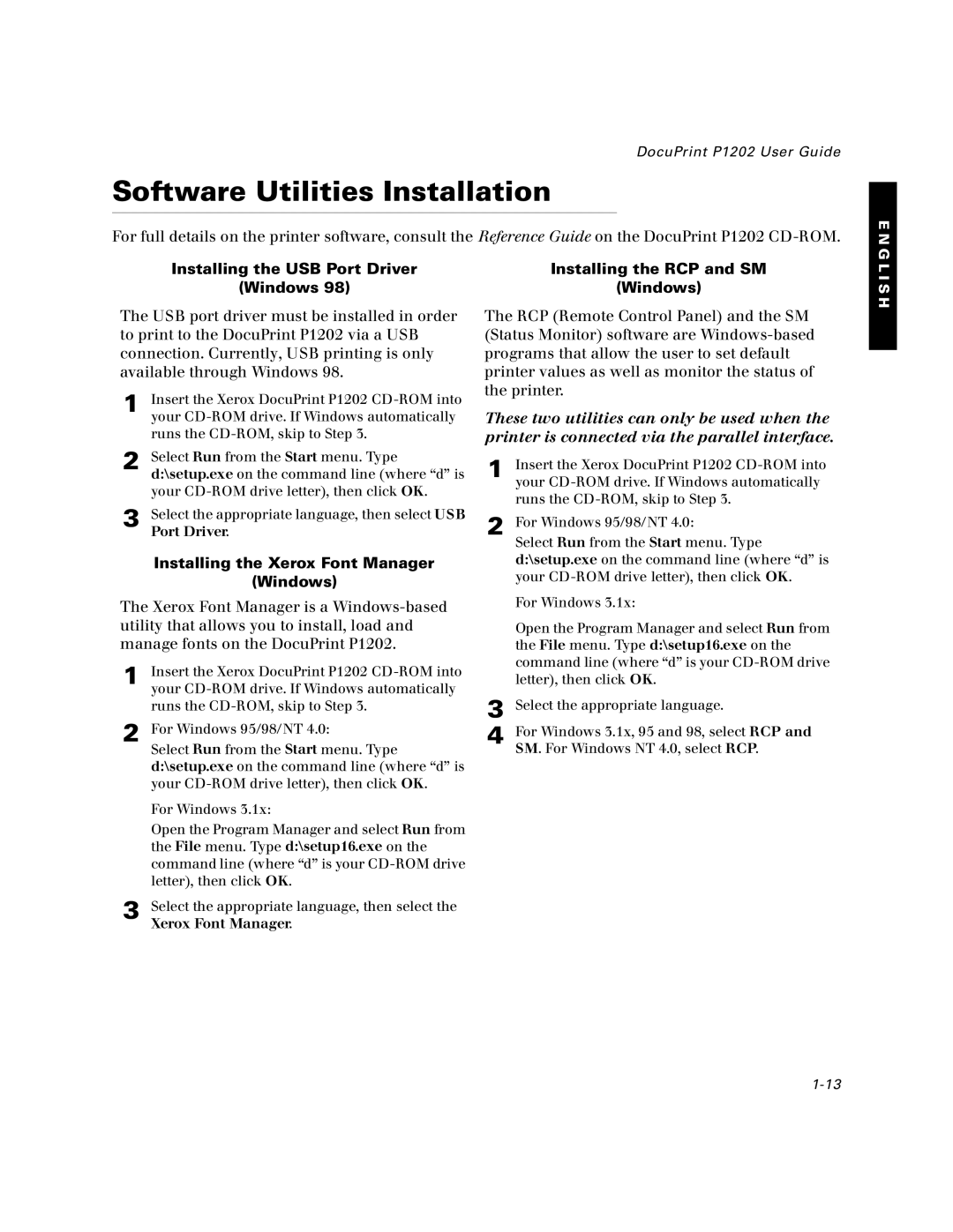 Xerox P1202 specifications Software Utilities Installation, Installing the Xerox Font Manager Windows 