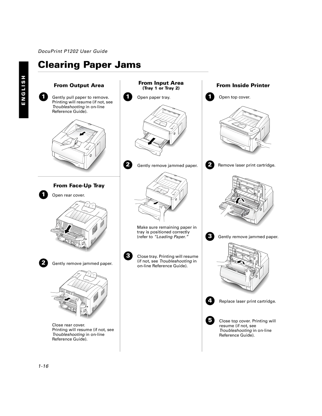 Xerox P1202 specifications Clearing Paper Jams, From Output Area, From Face-Up Tray, From Input Area, From Inside Printer 