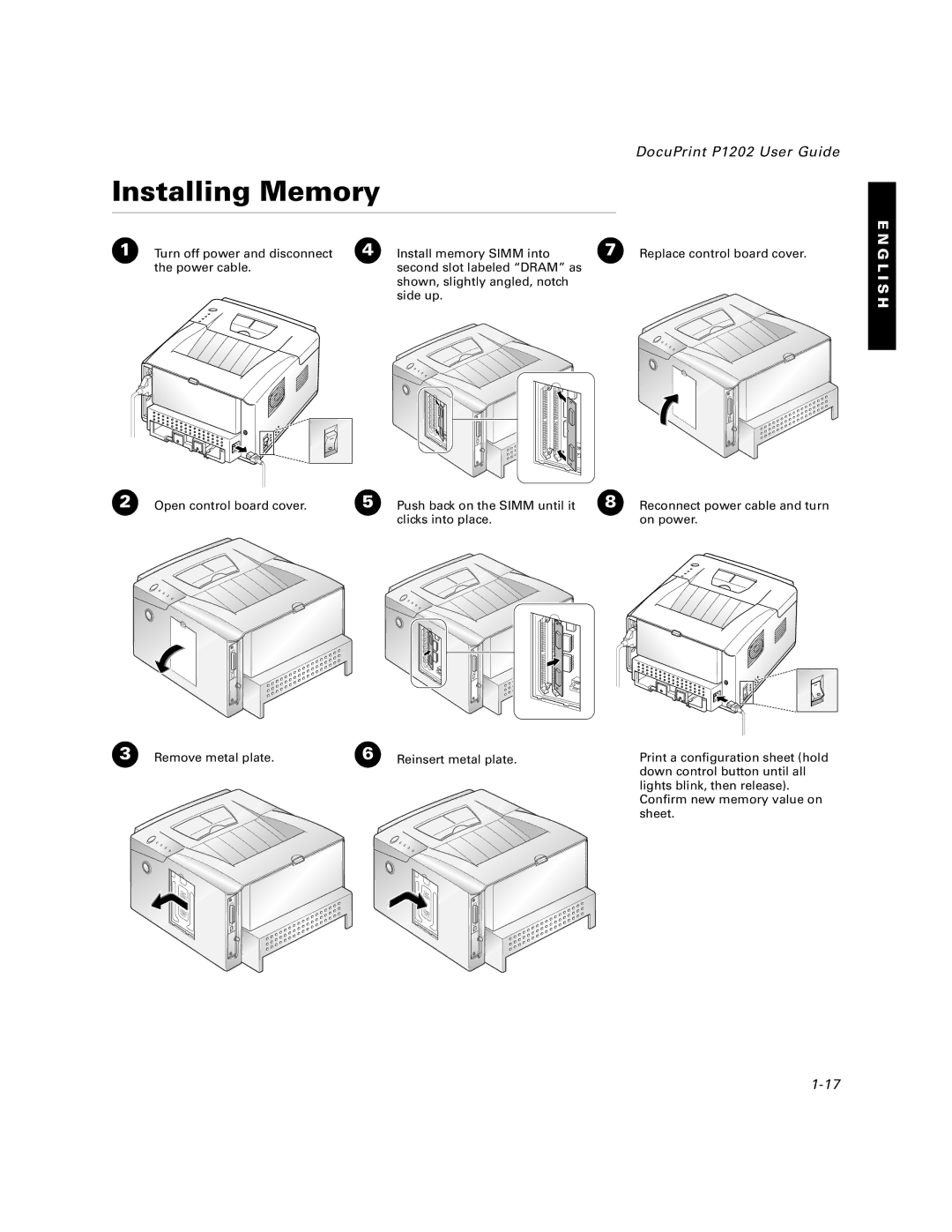 Xerox P1202 specifications Installing Memory 