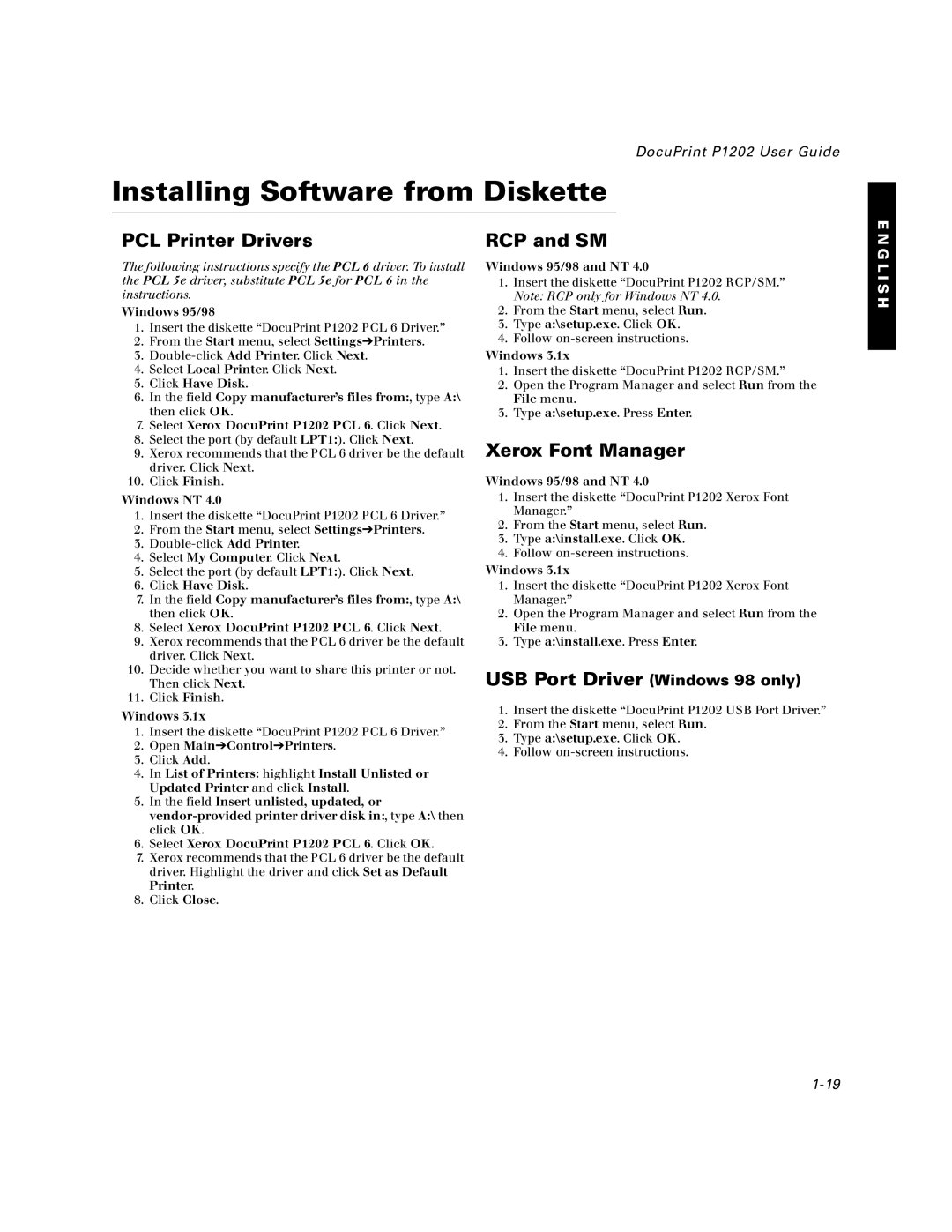 Xerox P1202 specifications Installing Software from Diskette, USB Port Driver Windows 98 only 