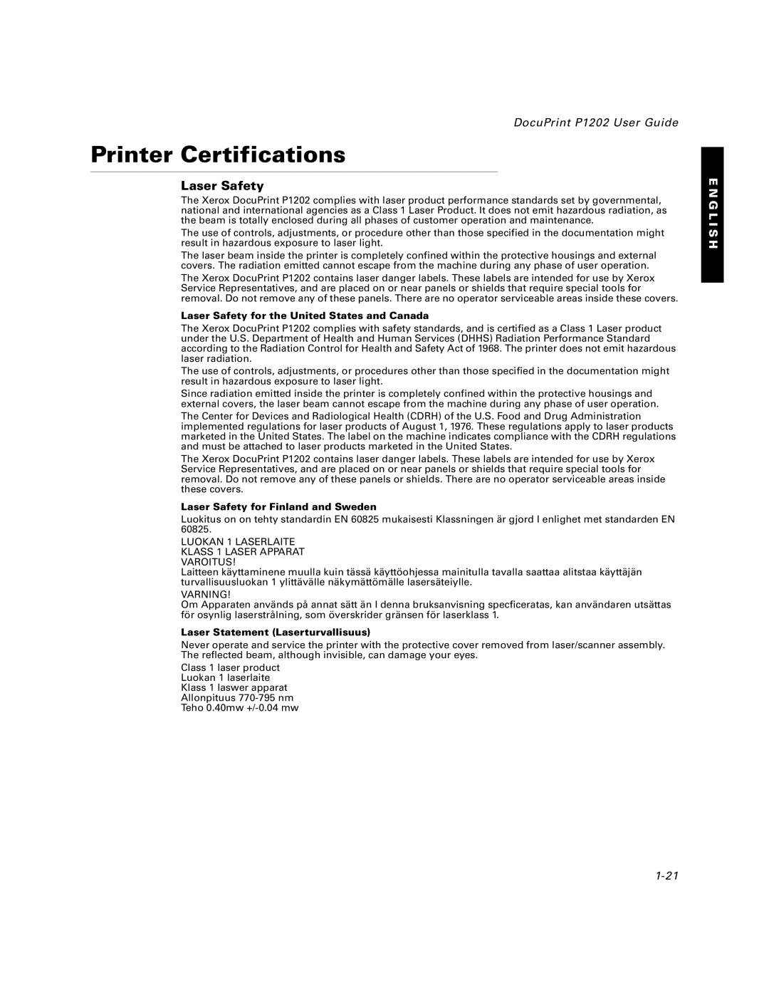 Xerox P1202 specifications Printer Certifications, Laser Safety 