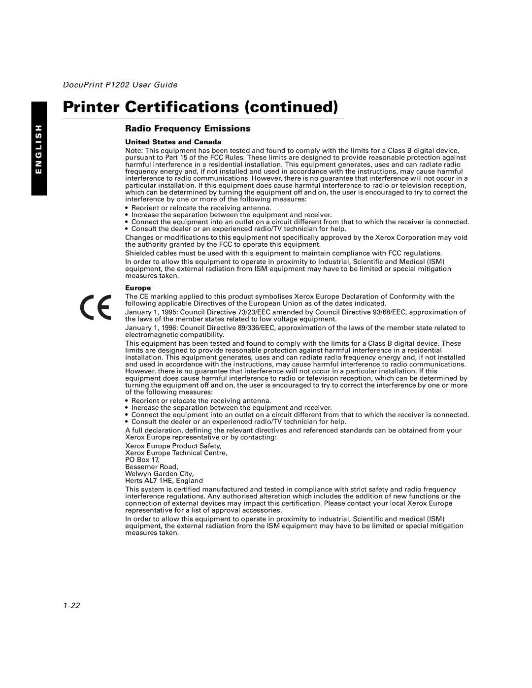 Xerox P1202 specifications Radio Frequency Emissions, United States and Canada 