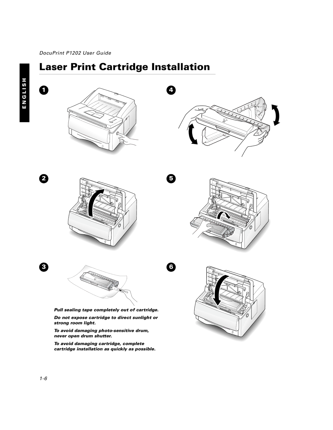 Xerox P1202 specifications Laser Print Cartridge Installation 