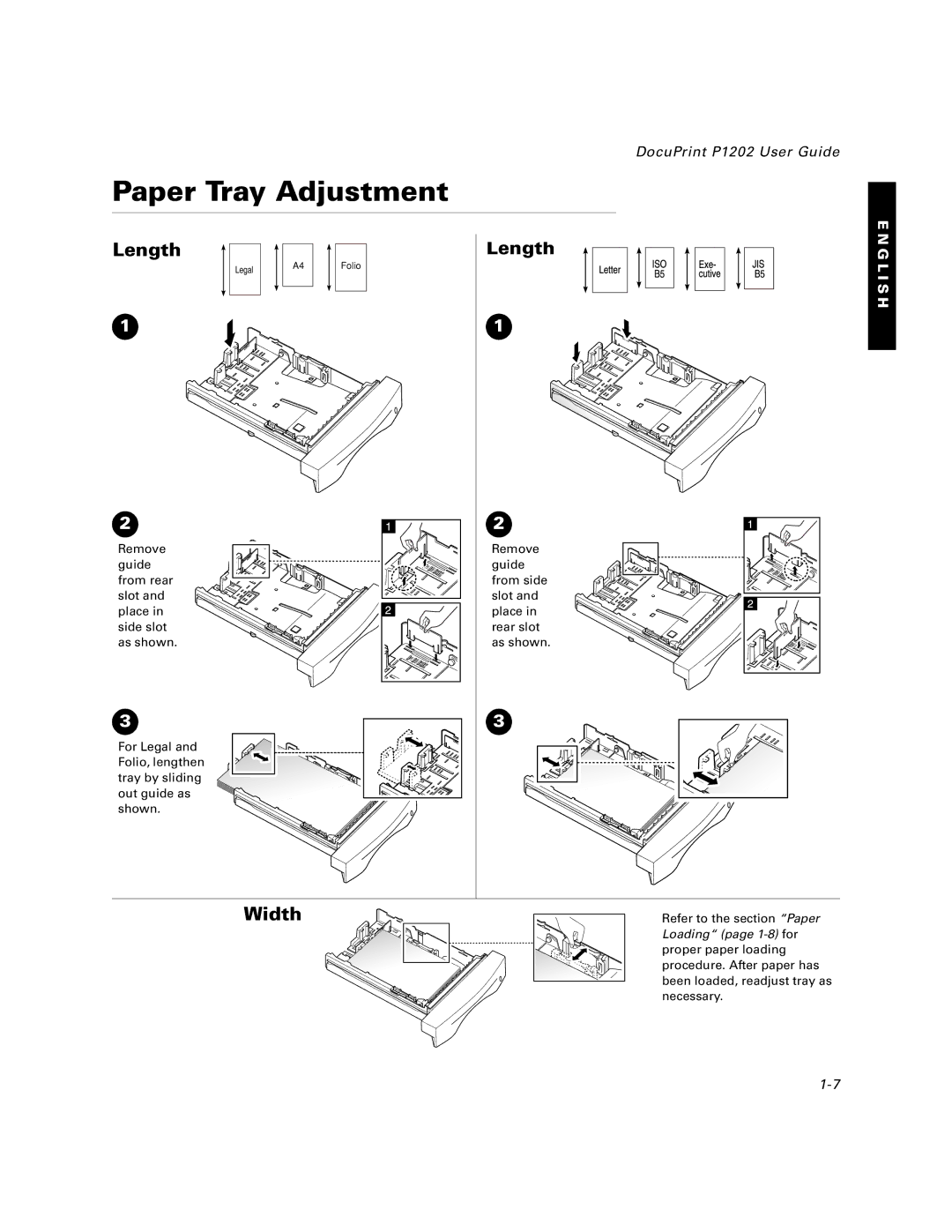 Xerox P1202 specifications Paper Tray Adjustment, Length 