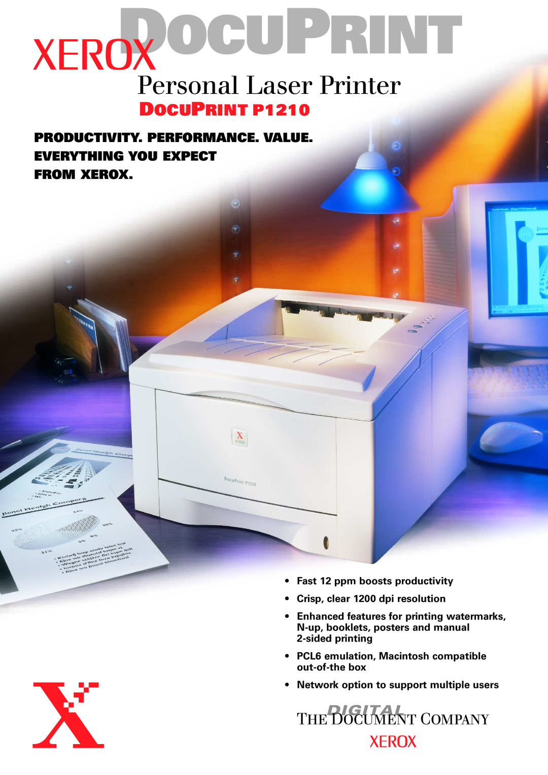 Xerox manual Docuprint, Personal Laser Printer, DOCUPRINT P1210, Productivity. Performance. Value 