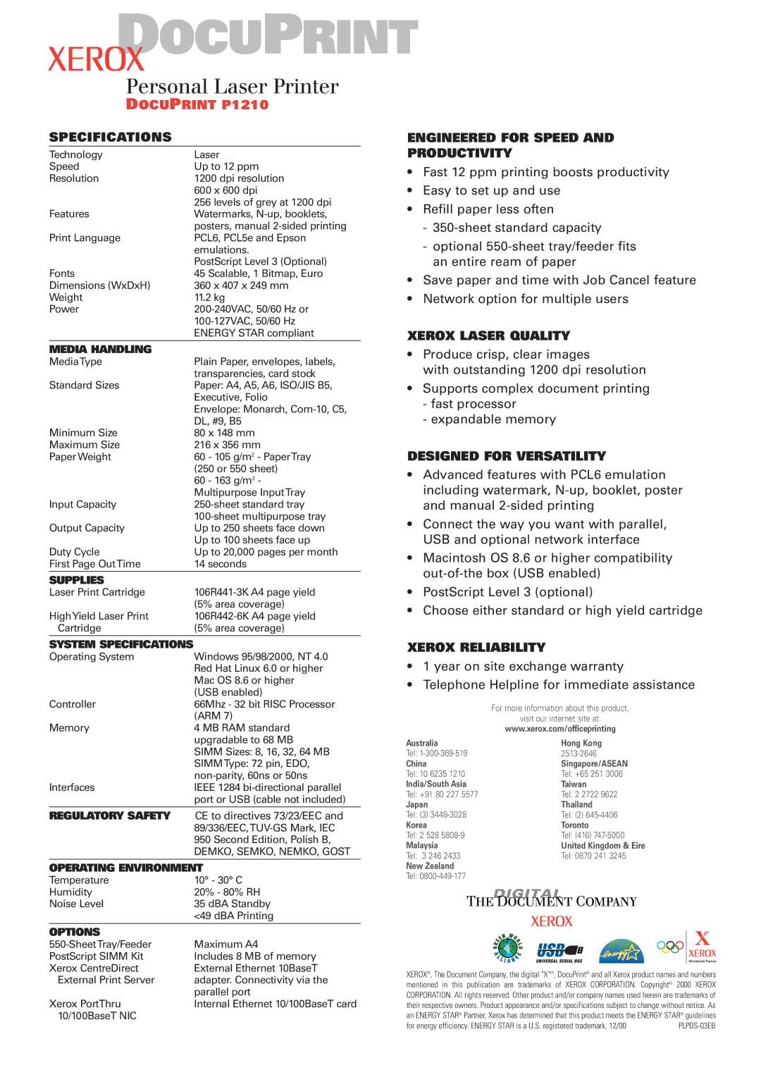 Xerox P1210 manual Specifications, Engineered for Speed Productivity, Xerox Laser Quality, Designed for Versatility 