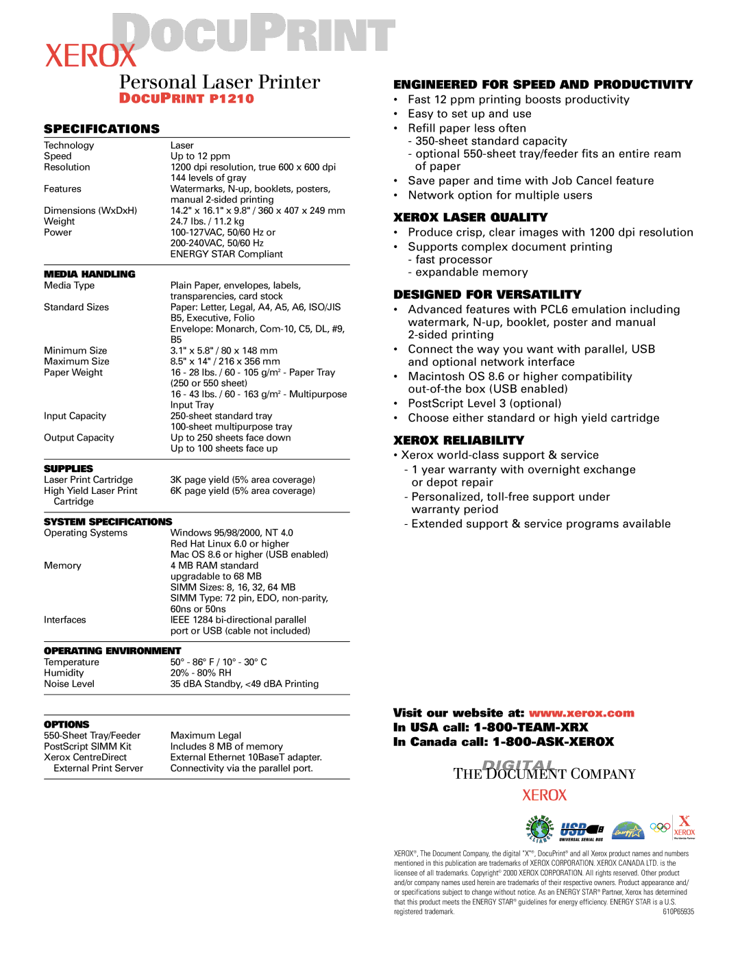 Xerox P1210 manual Specifications, Engineered for Speed and Productivity, Xerox Laser Quality, Designed for Versatility 