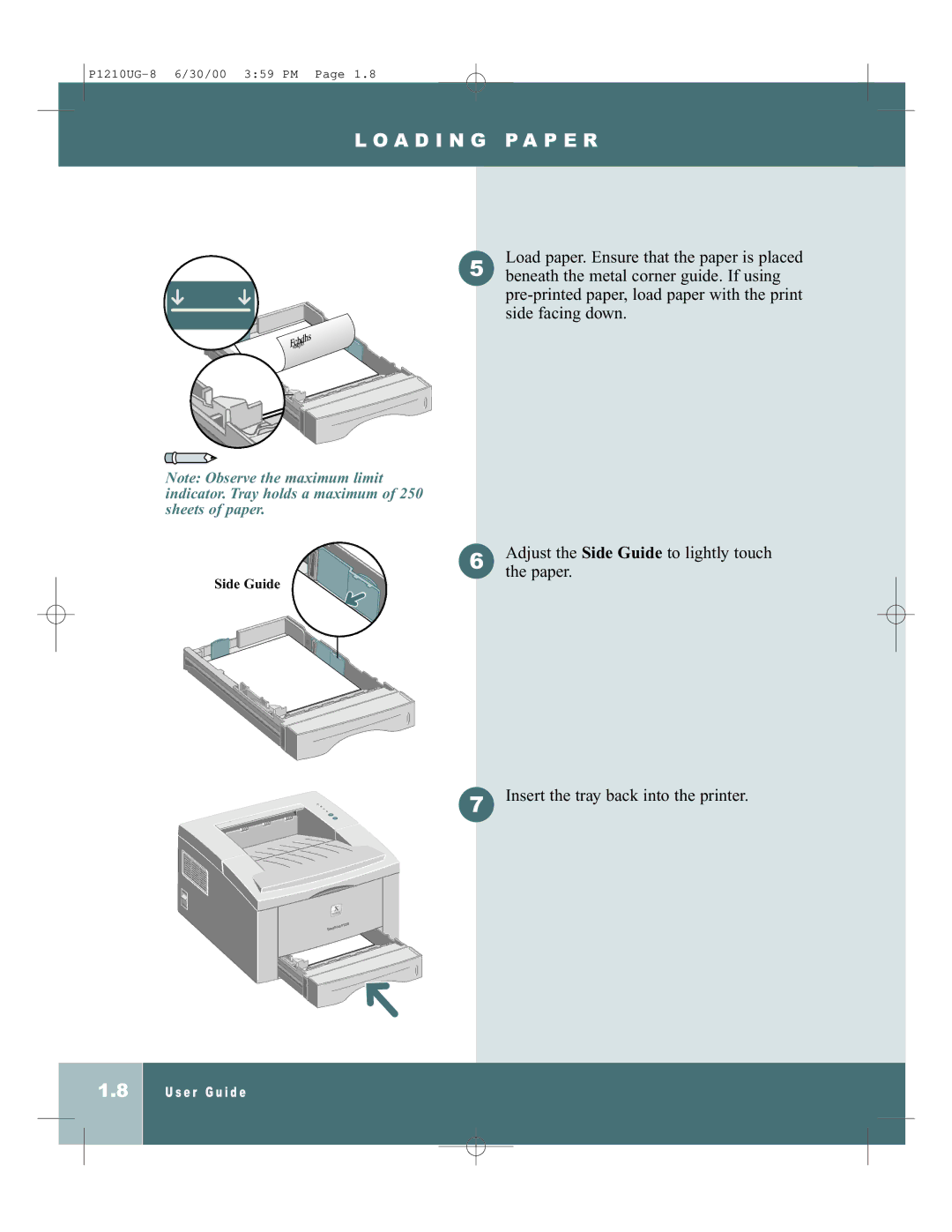 Xerox P1210UG-8 manual Beneath the metal corner guide. If using 