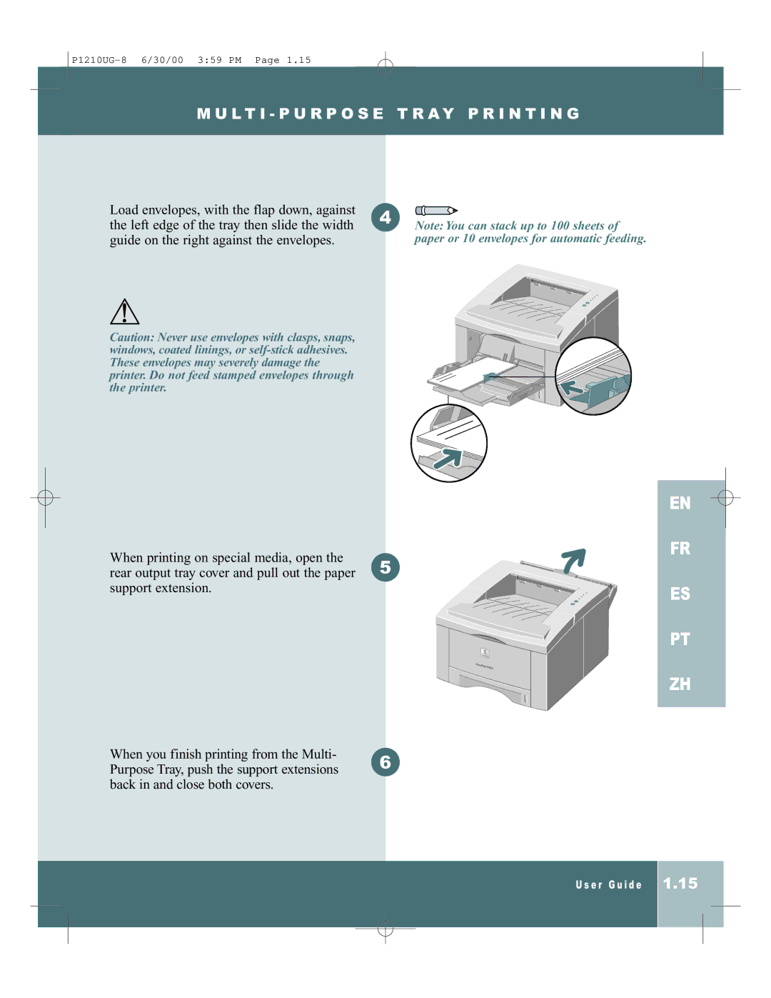 Xerox P1210UG-8 manual Paper or 10 envelopes for automatic feeding 