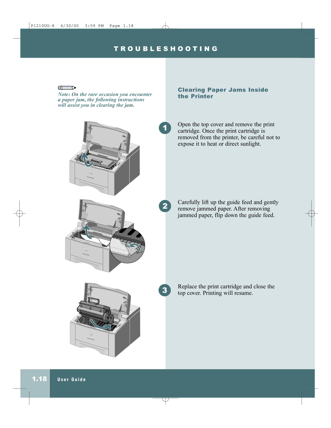 Xerox P1210UG-8 manual Clearing Paper Jams Inside the Printer 