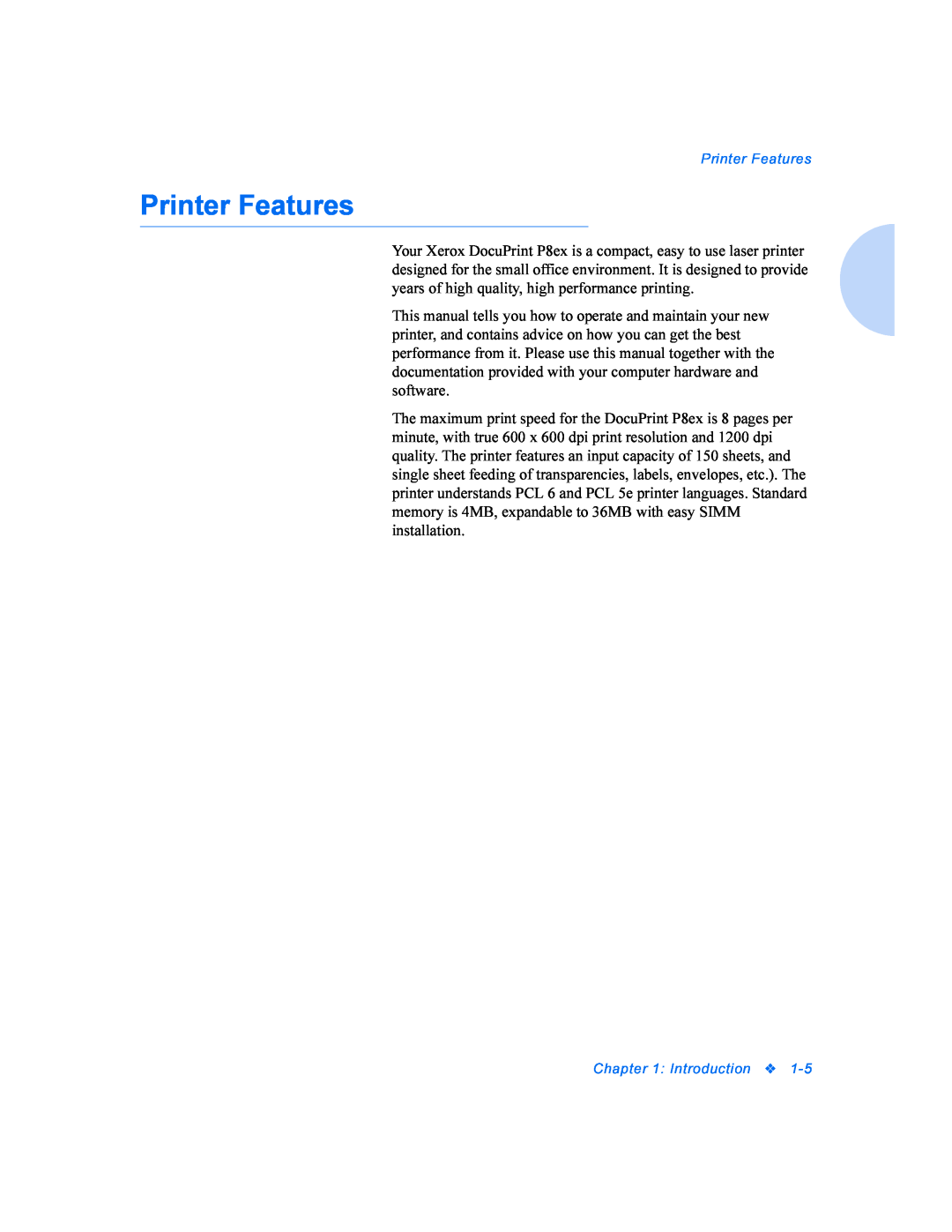 Xerox P8EX manual Printer Features, Introduction 